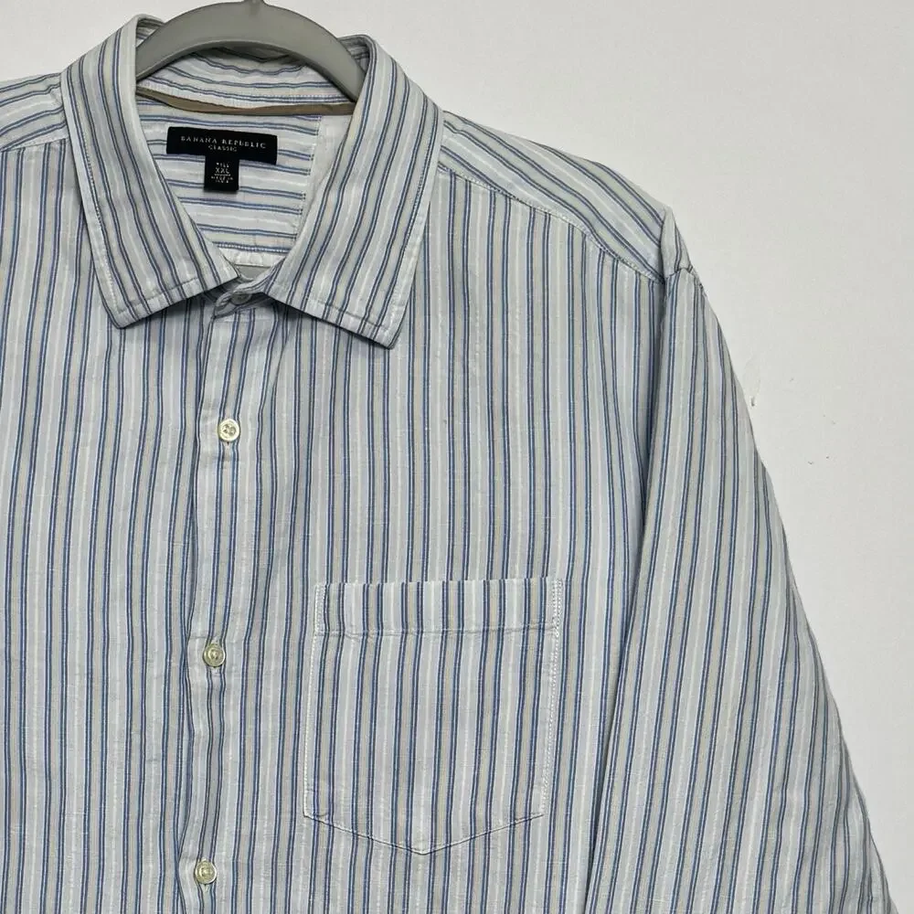 Banana Republic Classic XXL Tall Linen Cotton Shirt Blue White Stripe Long Sleev